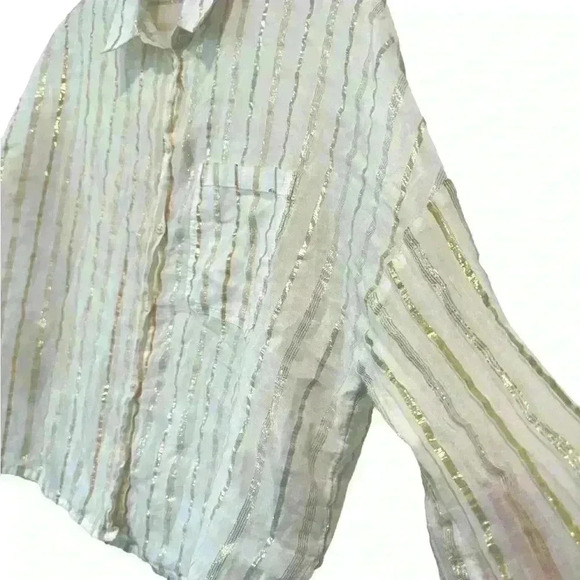 TOPSHOP Lightweight Cotton Linen Button Down With Gold Threading Stripes Size 4 - Picture 3 of 9
